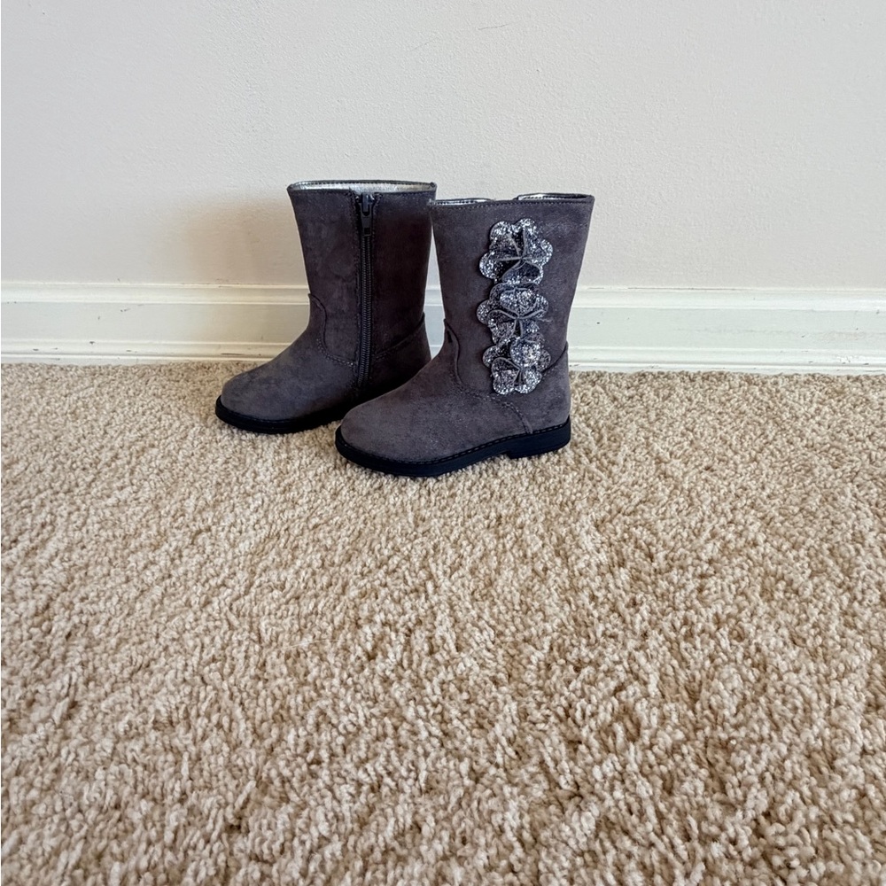 Gray Suede Boots with Floral Accents